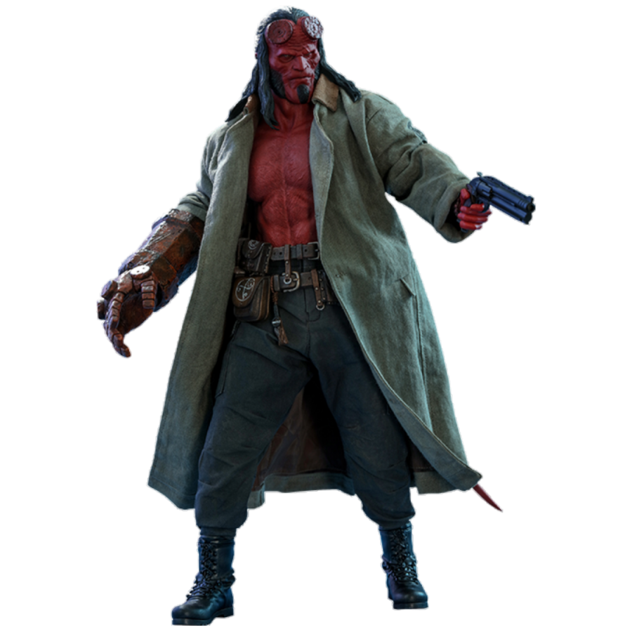 A 1/6 scale collectible action figure of Hellboy from the movie, dressed in a dark-green coat, black shirt, pants, and heavy boots, holding a pistol and a sword, with a detailed head sculpt and red-skinned torso.